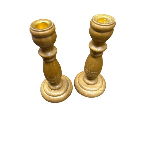 Set Of 2 Vintage Wooden Candle Holders 8 Inch Tall - Picture 1 of 5